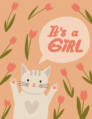 Kız, bebek partisi davetiyesi ya da tebrik kartı. Şirin beyaz kedi yavrusu ve lale vektör resimli pembe şablon. 