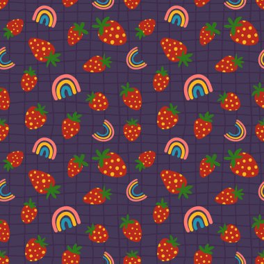 Çilekli kusursuz desen, ızgarada gökkuşağı. Mor arkaplanda vektör illüstrasyonu.