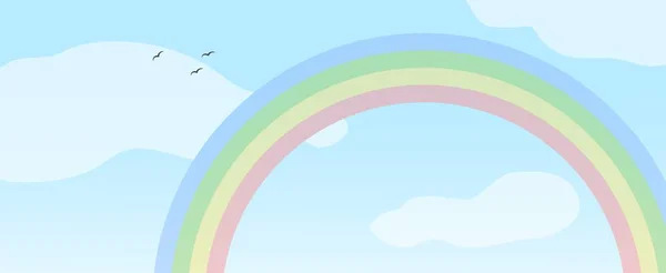 Paisagem Com Arco Íris Nuvens Pássaros Céu Azul Antecedentes Para —  Vetores de Stock