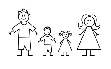 Çocuklar, çocuklar, aile çizimleri, baba, anne, oğul ve kız. Aile vektör illüstrasyonu.