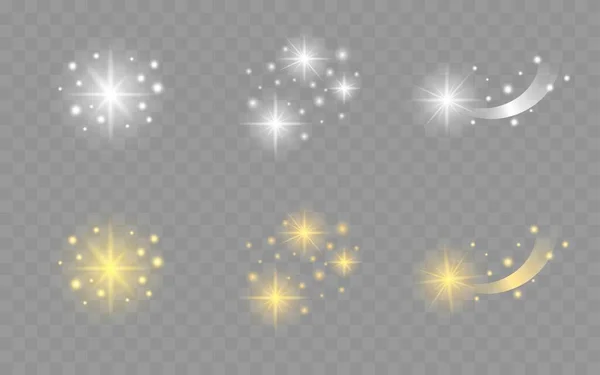 Set Elementi Stelle Vibranti Luce Stellare Luce Riflettori Bagliore Isolato — Vettoriale Stock