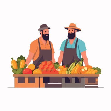 Yerel pazarda sebze ve meyve satılan düz bir illüstrasyon. Sebze ve meyve satıcısı. Piyasa iş konseptini durdurdu, yerel pazar çiftçisi dükkanları