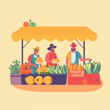 Yerel pazarda sebze ve meyve satılan düz bir illüstrasyon. Sebze ve meyve satıcısı. Piyasa iş konseptini durdurdu, yerel pazar çiftçisi dükkanları