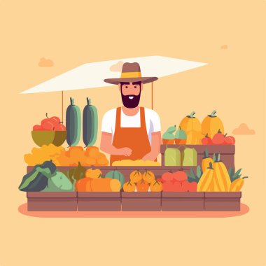 Yerel pazarda sebze ve meyve satılan düz bir illüstrasyon. Sebze ve meyve satıcısı. Piyasa iş konseptini durdurdu, yerel pazar çiftçisi dükkanları