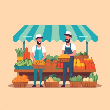 Yerel pazarda sebze ve meyve satılan düz bir illüstrasyon. Sebze ve meyve satıcısı. Piyasa iş konseptini durdurdu, yerel pazar çiftçisi dükkanları