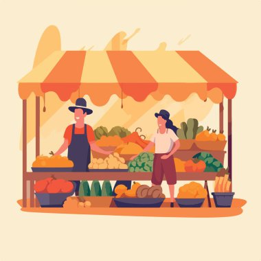 Yerel pazarda sebze ve meyve satılan düz bir illüstrasyon. Sebze ve meyve satıcısı. Piyasa iş konseptini durdurdu, yerel pazar çiftçisi dükkanları