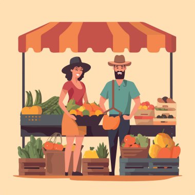 Yerel pazarda sebze ve meyve satılan düz bir illüstrasyon. Sebze ve meyve satıcısı. Piyasa iş konseptini durdurdu, yerel pazar çiftçisi dükkanları