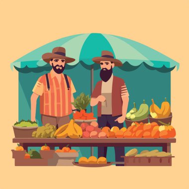 Yerel pazarda sebze ve meyve satılan düz bir illüstrasyon. Sebze ve meyve satıcısı. Piyasa iş konseptini durdurdu, yerel pazar çiftçisi dükkanları