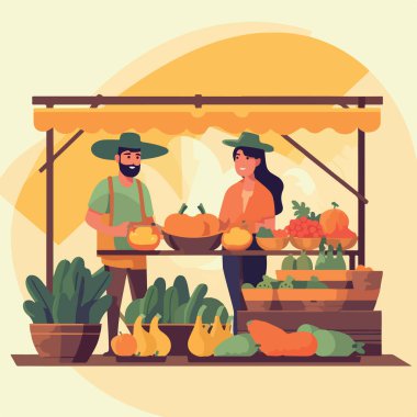 Yerel pazarda sebze ve meyve satılan düz bir illüstrasyon. Sebze ve meyve satıcısı. Piyasa iş konseptini durdurdu, yerel pazar çiftçisi dükkanları