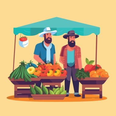 Yerel pazarda sebze ve meyve satılan düz bir illüstrasyon. Sebze ve meyve satıcısı. Piyasa iş konseptini durdurdu, yerel pazar çiftçisi dükkanları