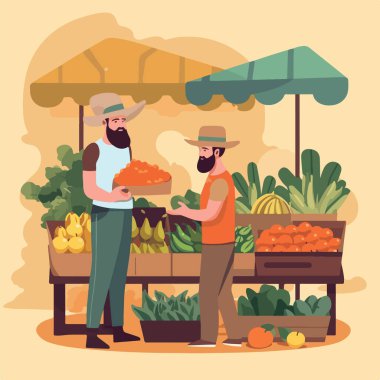Yerel pazarda sebze ve meyve satılan düz bir illüstrasyon. Sebze ve meyve satıcısı. Piyasa iş konseptini durdurdu, yerel pazar çiftçisi dükkanları