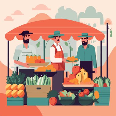 Yerel pazarda sebze ve meyve satılan düz bir illüstrasyon. Sebze ve meyve satıcısı. Piyasa iş konseptini durdurdu, yerel pazar çiftçisi dükkanları