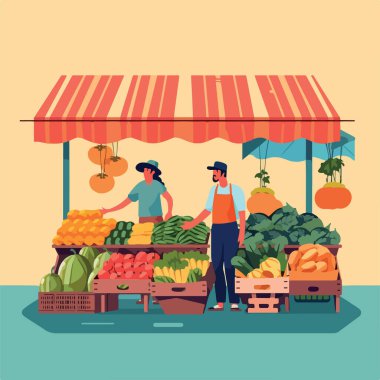 Yerel pazarda sebze ve meyve satılan düz bir illüstrasyon. Sebze ve meyve satıcısı. Piyasa iş konseptini durdurdu, yerel pazar çiftçisi dükkanları