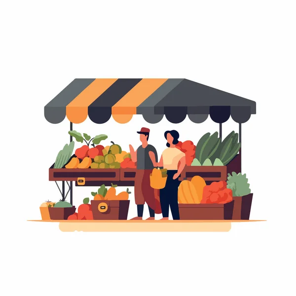 Векторні Ілюстрації Рівному Стилі Місцевого Ринку Продають Овочі Фрукти Продавець — стоковий вектор
