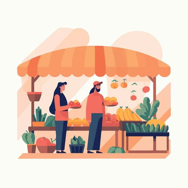 Векторные Иллюстрации Плоском Стиле Местного Рынка Продают Овощи Фрукты Продавец — стоковый вектор