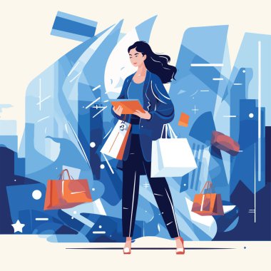 Çevrimiçi alışveriş ve E-ticaret konsepti. Satış, siparişler, online ödeme, teslimat, sadakat programı. Vektör İllüstrasyonu