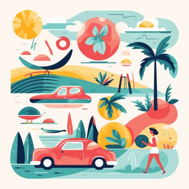 Yaz partisi, tatil ve seyahat konsepti. Minimalist tarzda vektör illüstrasyonu. Vektör illüstrasyonu