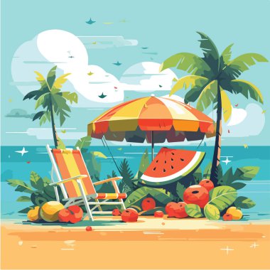 Yaz partisi, tatil ve seyahat konsepti. Minimalist tarzda vektör illüstrasyonu. Vektör illüstrasyonu