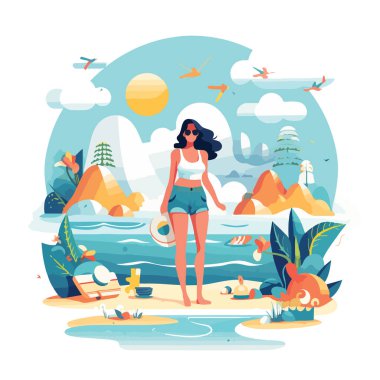 Yaz partisi, tatil ve seyahat konsepti. Minimalist tarzda vektör illüstrasyonu. Vektör illüstrasyonu