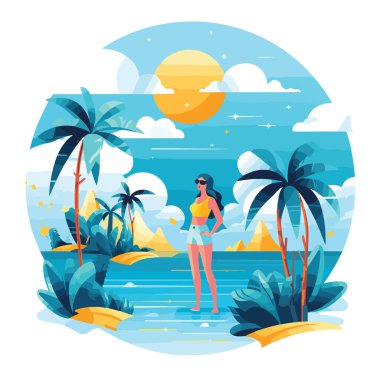 Yaz partisi, tatil ve seyahat konsepti. Minimalist tarzda vektör illüstrasyonu. Vektör illüstrasyonu