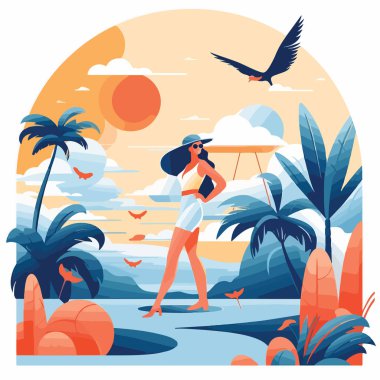 Yaz partisi, tatil ve seyahat konsepti. Minimalist tarzda vektör illüstrasyonu. Vektör illüstrasyonu