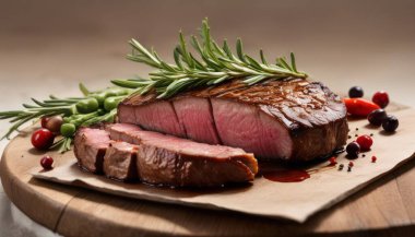 Bir dilimi eksik bir parça et ve tepesinde de bir sürü bitki. Et pişmiş ve lezzetli görünüyor.