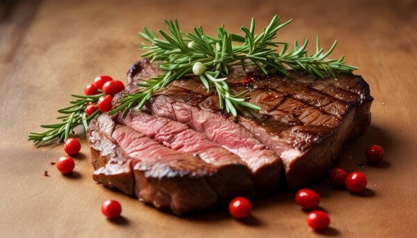 A piece of meat with a sprig of rosemary on top. The meat is cut into slices and is surrounded by red berries. Concept of freshness and naturalness, as the rosemary