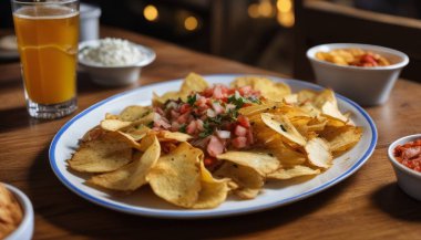 Bir tabak cips, yanında salsa sosu ve bir bardak portakal suyu. Tabak ahşap bir masanın üzerinde, diğer yiyeceklerle ve bir kase salsa sosuyla birlikte.