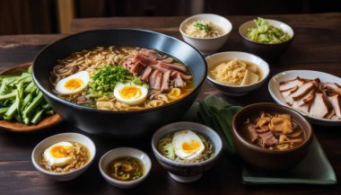 Erişte, et ve yumurta da dahil bir masa dolusu Asya yemeği. Masa yemek için hazır.