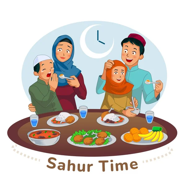 Müslüman bir aile şafakta Sahur veya Suhoor için yemek yer. Sosyal Medya İçeriği, Tebrik Kartları, UI, İniş Sayfası, Mobil Uygulamalar, Kapak Resimleri, Poster ve Web Sitesi olarak kullanılabilir. Vektör İllüstrasyonu