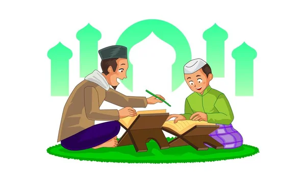 Muslim Man Teach Muslim Boy How Read Quran Suitable Use — Stock Vector