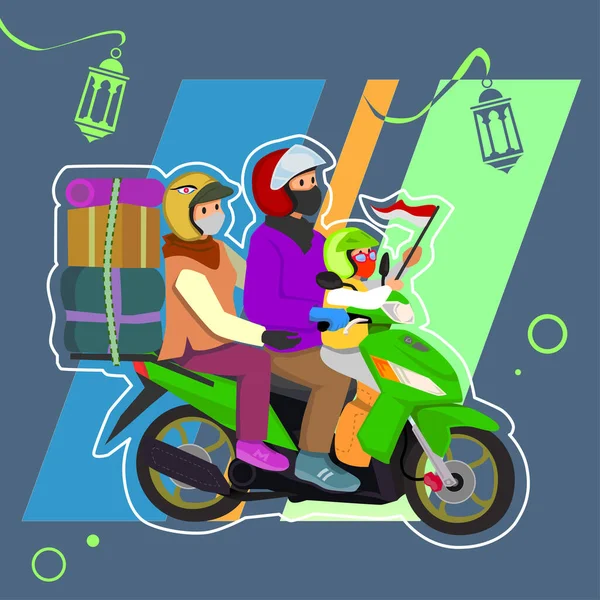Müslüman Bir Aile Motosikletle Memlekete Dönüyor Ied Fitr Için Müdik — Stok Vektör