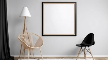 Lamba ve iki ahşap sandalyeden oluşan boş beyaz bir fotoğraf çerçevesi, basit bir fotoğraf çerçevesi oturma odasının dekorasyonu, üzgün ve basit bir ruh hali. Yüksek kalite