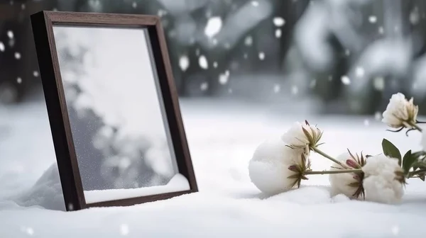A mirror frame place on the middle of the snow forest with a beautiful white flower and a copy space,Snow falling in tne nature winter seasons, white flower in the snowy rain,snow forest mockup. High
