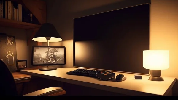 一个黑暗的工作站 配有一盏灯 装饰着一张木制桌子 一个深夜舒适温暖的游戏房间 以及一个极小的黑暗色调 还有一张游戏布置的桌子 高质量的例证 — 图库照片