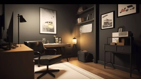 一个黑暗的工作站 架子装饰着木制的地板 一个深夜游戏的房间 舒适温暖而微暗的色调 高质量的例证 — 图库照片