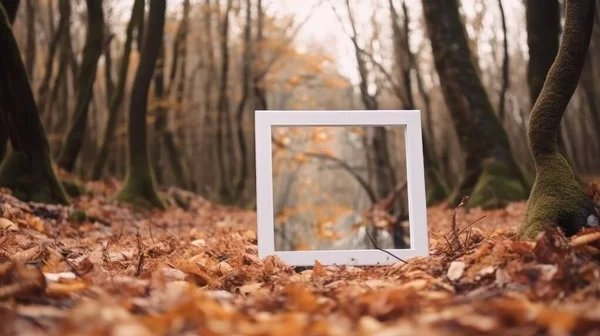 stock image A mockup photo frame in autumn forest place on many leaves autumn,A fantasy mockup for autumn seasons,beautiful photo frame middle of the forest,sad romantic autumn background orange tone. High