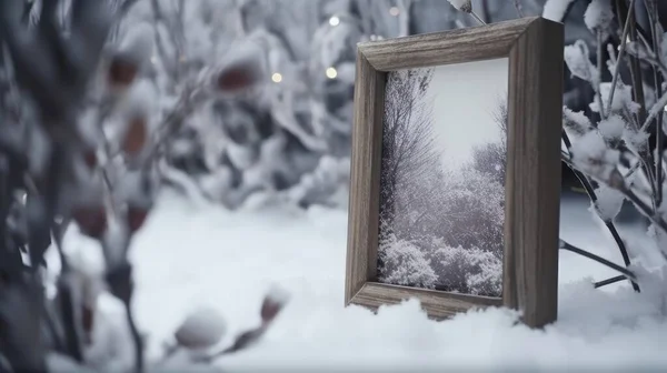 Фоторамка Посеред Снігового Лісу Красивою Білою Квіткою Копією Простору Сніг — стокове фото