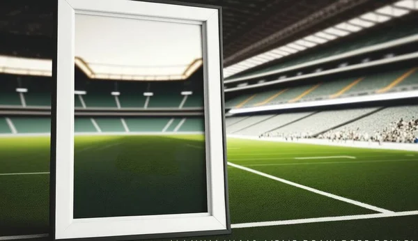 A photo mirror frame mockup inside a football stadium, A mockup of sports football and soccer match, a Champion template photo, green football field morning light with copy space. High quality