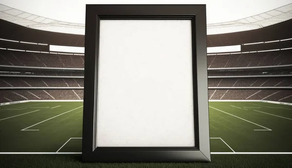 A photo frame mockup inside a football stadium, A mockup of sports football and soccer match, a Champion template photo, green football field morning light with copy space. High quality illustration