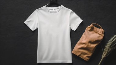 Koyu gri arka planı ve kahverengi pantolonu olan boş beyaz tişörtlü siyah askı. Alışveriş konsepti. Modelleme. 3D Renklendirme, en az bitki örtüsü olan beyaz bir gömlek. Yüksek kalite