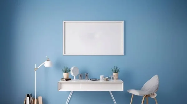 minimal living room blue color, A rectangle photo frame mockup wall hanging on the blue wall, chairs, and a Table with pants on a blue background, and Interior design living room dark blue and white