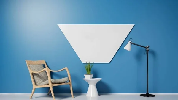 minimal living room blue wall, A poster frame triangle mockup wall hanging on the blue wall, a chair, and a Table with pants and a lamp in front of a blue background, Interior design dark blue and