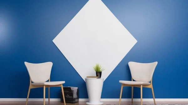 minimal living room blue color, A triangle poster frame mockup wall hanging on the blue wall, Two chairs and a Table with pants on a blue background, Interior design dark blue and white tone. High