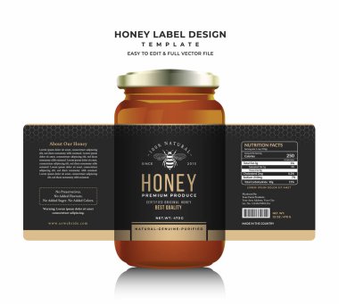 Bal etiketi afiş tasarımı bal tasarımı bal arısı kavanozu etiketi yaratıcı ürün paketleme fikri, beyaz arka plan sağlıklı organik gıda ürünü siyah etiket.