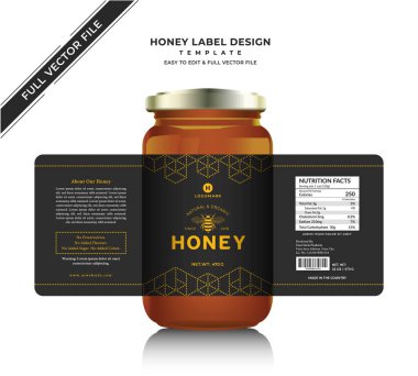 Honey label sticker banner design with honey design natural bee honey glass jar bottle sticker creative product packaging idea, white minimalbackground healthy organic food product black label. clipart