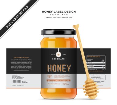 Bal etiketi afiş tasarımı bal tasarımı bal arısı kavanozu etiketi yaratıcı ürün paketleme fikri, beyaz arka plan sağlıklı organik gıda ürünü siyah etiket.