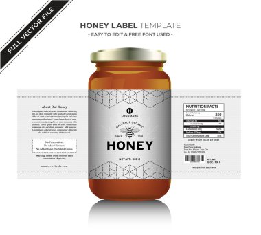 Bal etiketi afiş tasarımı bal tasarımı bal arısı kavanozu etiketi yaratıcı ürün paketleme fikri, beyaz arka plan sağlıklı organik gıda ürünü siyah etiket.