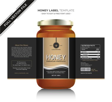 Bal etiketi afiş tasarımı bal tasarımı bal arısı kavanozu etiketi yaratıcı ürün paketleme fikri, beyaz arka plan sağlıklı organik gıda ürünü siyah etiket.