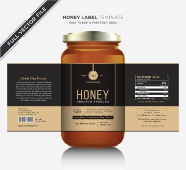 Bal etiketi afiş tasarımı bal tasarımı bal arısı kavanozu etiketi yaratıcı ürün paketleme fikri, beyaz arka plan sağlıklı organik gıda ürünü siyah etiket.